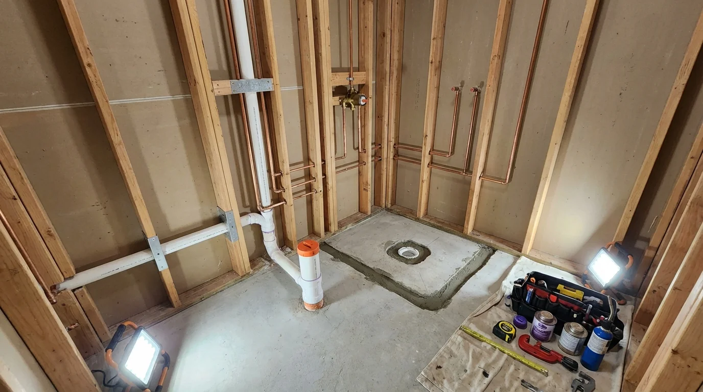 Bathroom rough-in plumbing during remodel by Johns Plumbing LLC in Leakesville