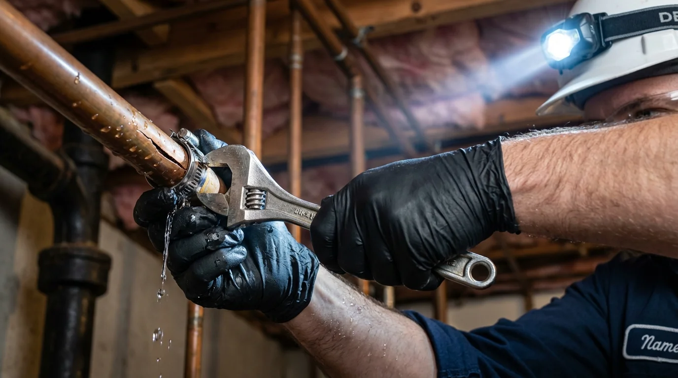 Emergency pipe clamp repair being performed by a Johns Plumbing LLC plumber in Leakesville