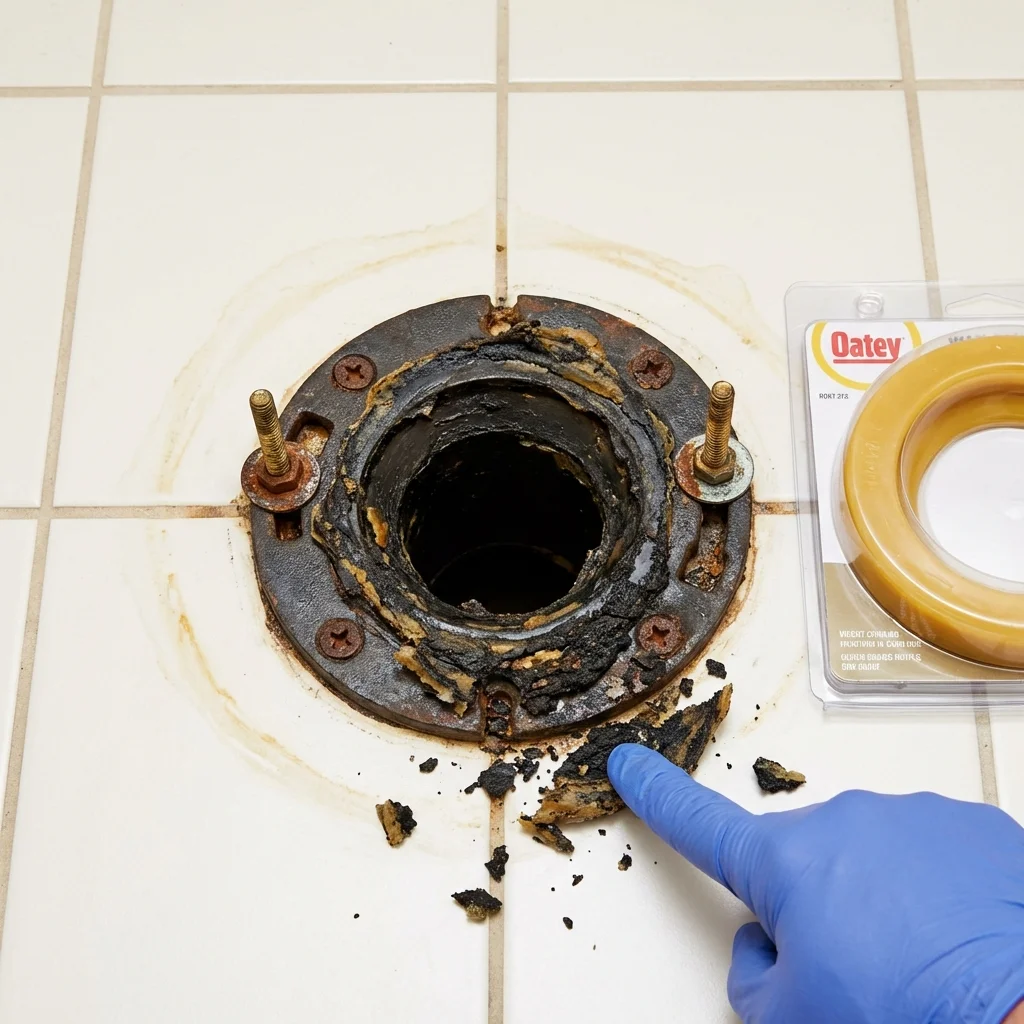 Failed wax ring showing water seepage at the base of a toilet in a Leakesville, MS home