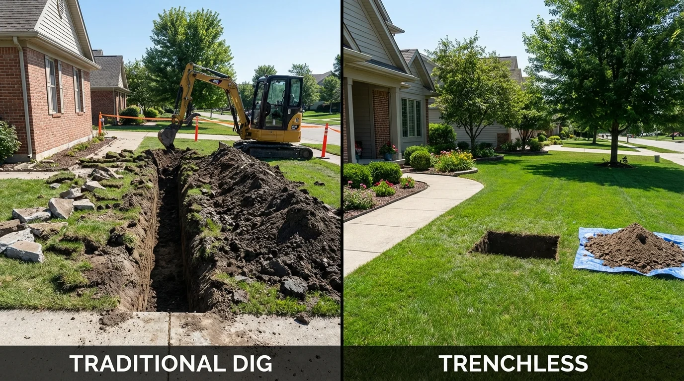 Trenchless sewer repair with minimal yard damage versus traditional excavation in Leakesville, MS
