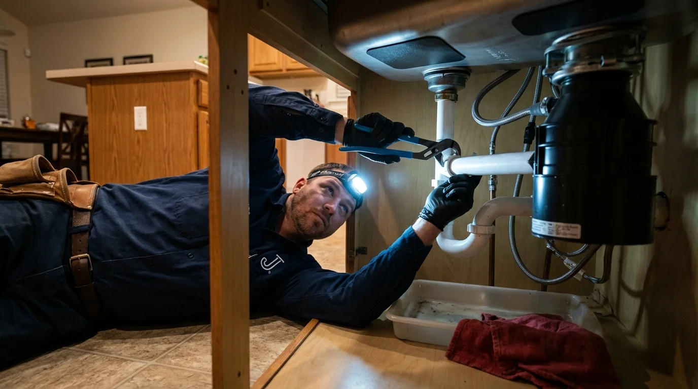 P-trap and supply line connections under a kitchen sink showing a common leak point in Leakesville, MS